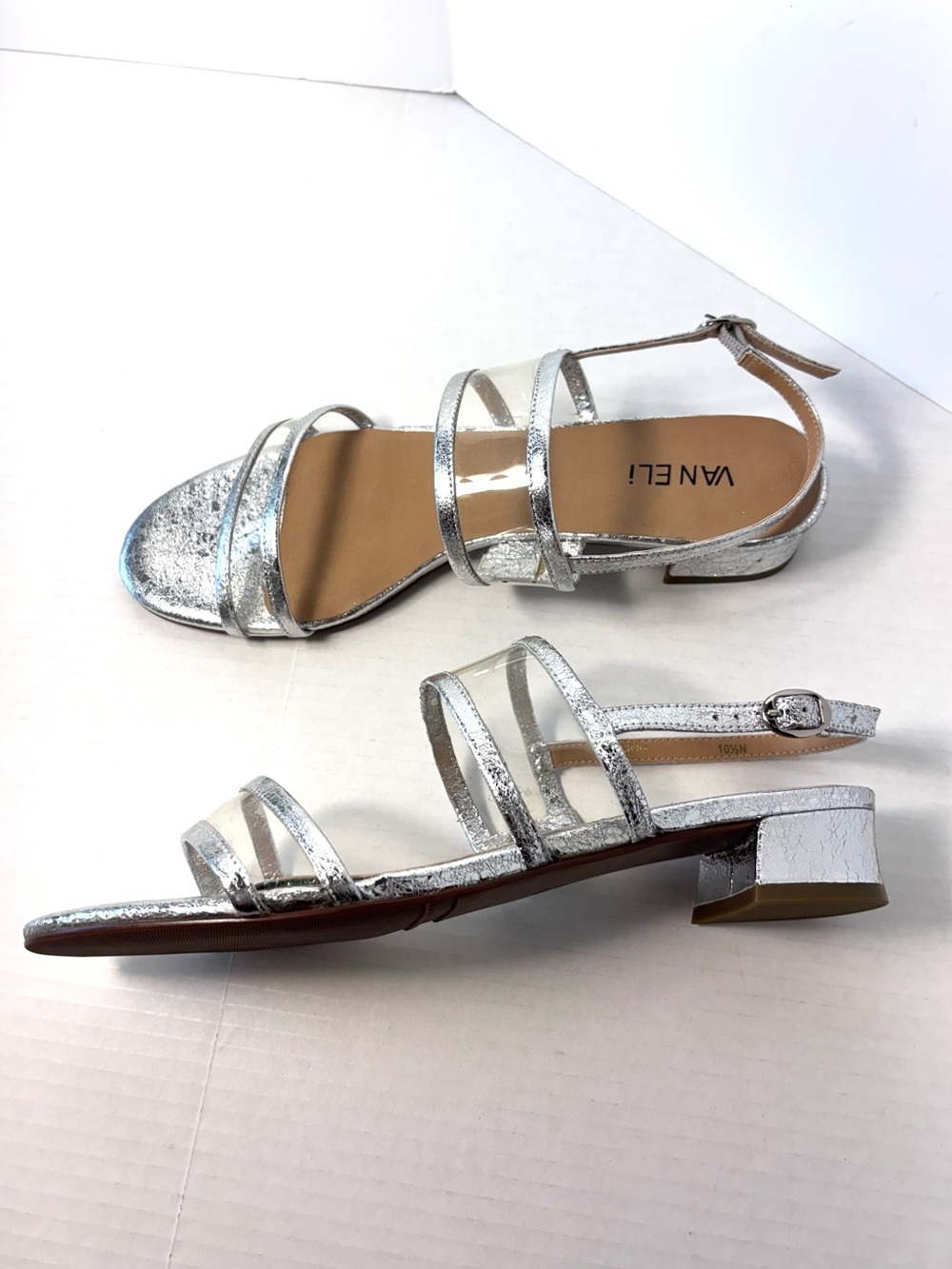 Vaneli Women's Metallic Silver Leather Sandals Clear Panels Wedding Women’s 10.5